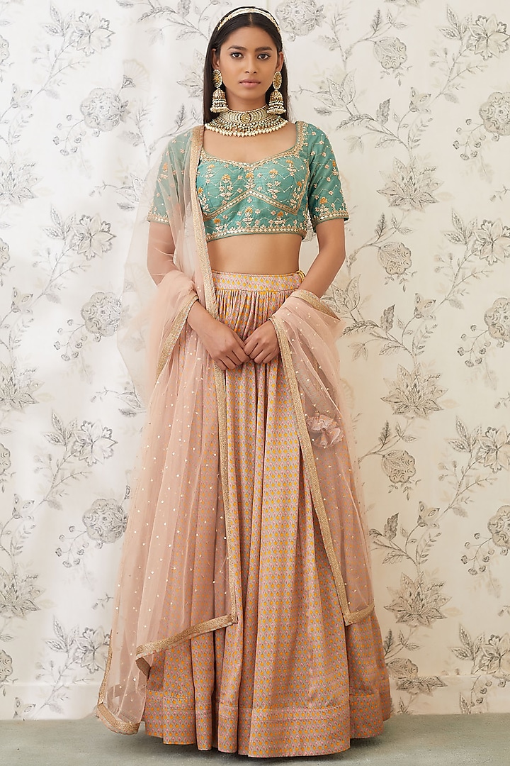 Green & Beige Embroidered Wedding Lehenga Set by Shyam Narayan Prasad at Pernia's Pop Up Shop