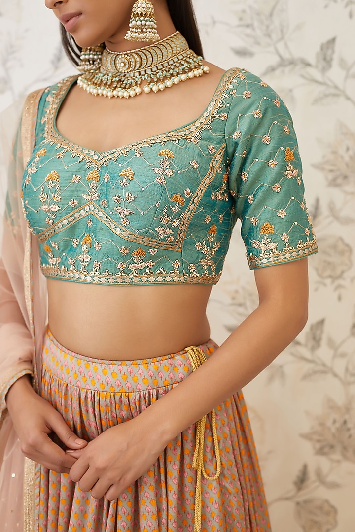 Green & Beige Embroidered Wedding Lehenga Set by Shyam Narayan Prasad at Pernia's Pop Up Shop
