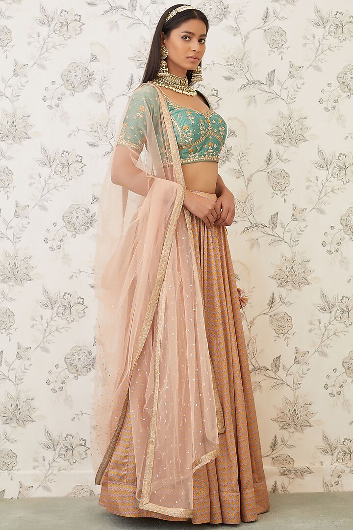 Green & Beige Embroidered Wedding Lehenga Set by Shyam Narayan Prasad at Pernia's Pop Up Shop