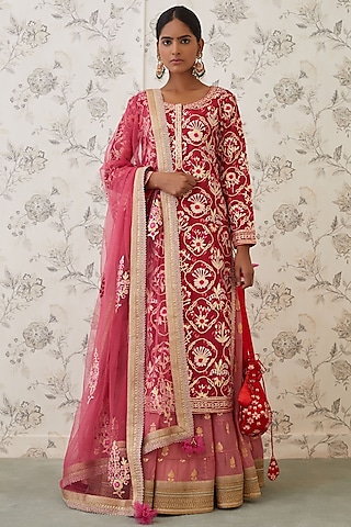 Maroon & Coral Embroidered Kurta Set by Shyam Narayan Prasad