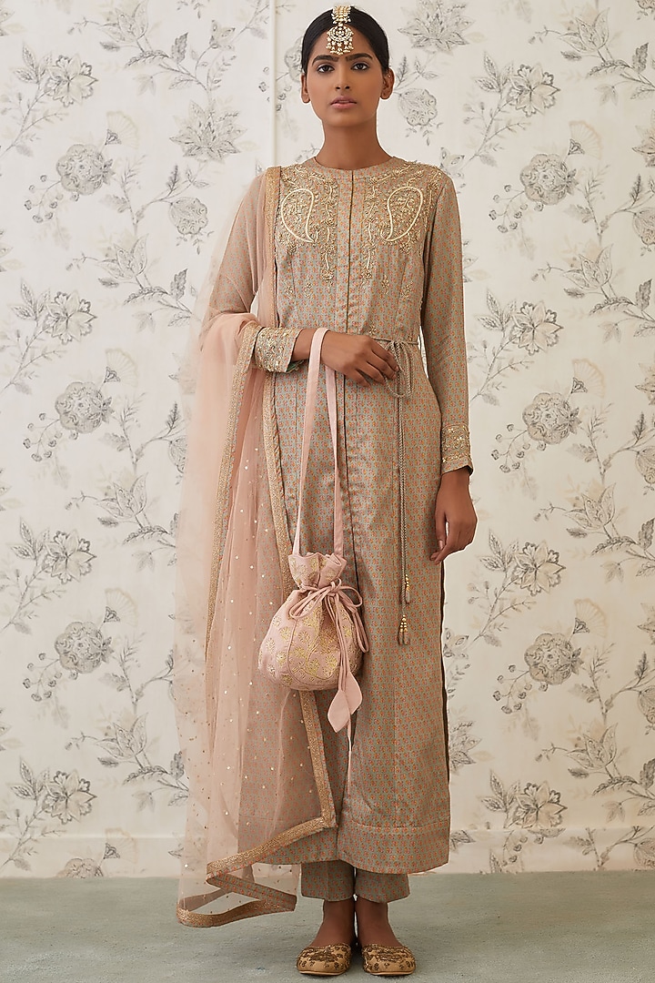 Light Olive Green Embroidered Jacket Set by Shyam Narayan Prasad at Pernia's Pop Up Shop