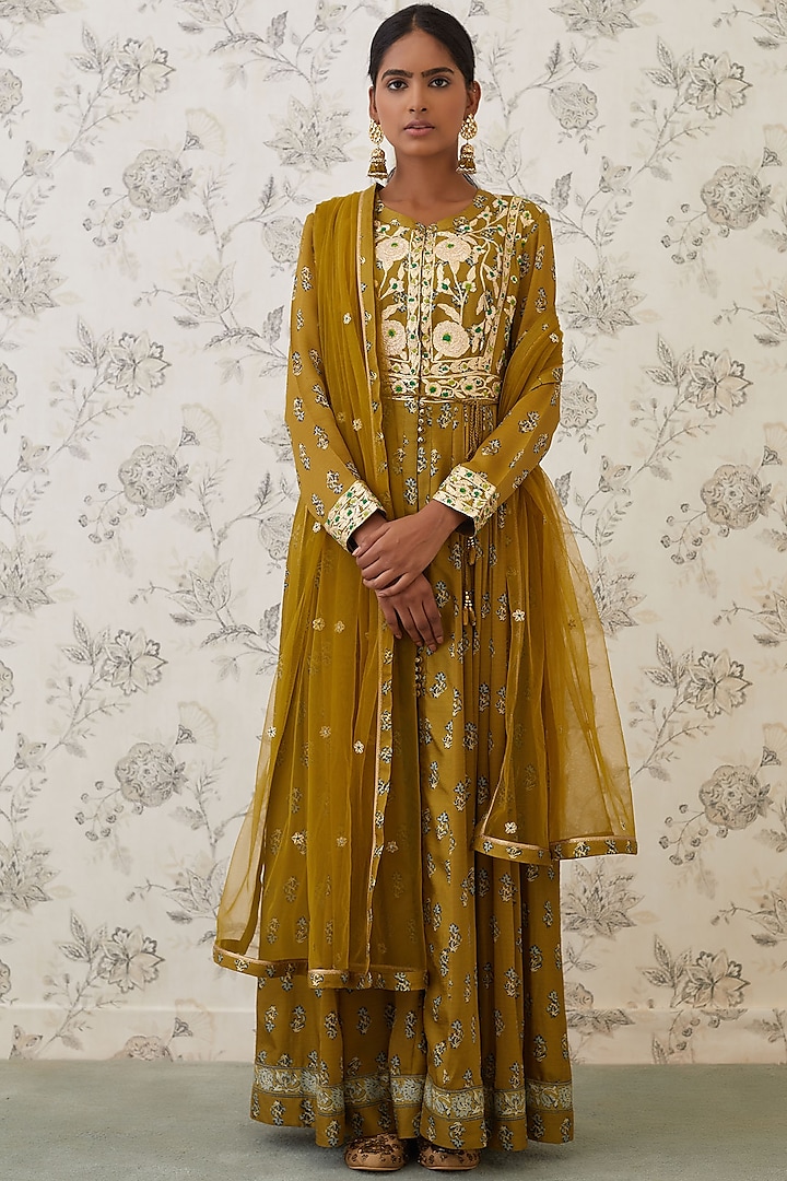 Olive Green Embroidered Anarkali Set by Shyam Narayan Prasad