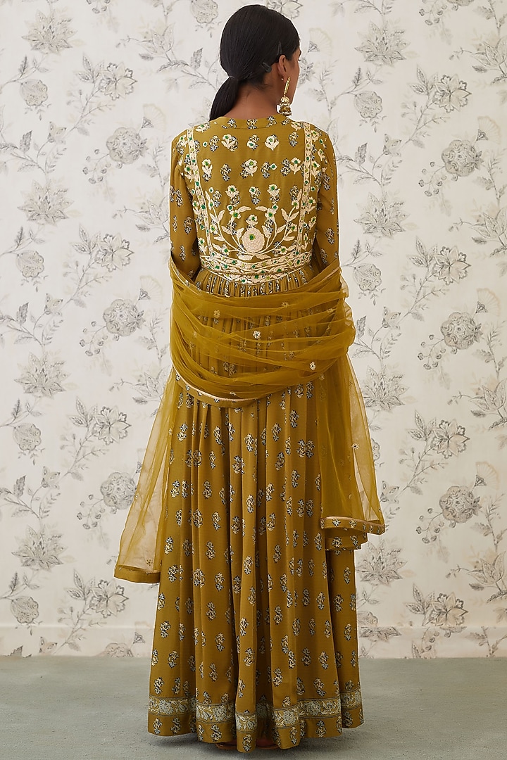 Olive Green Embroidered Party Wear Anarkali Set by Shyam Narayan Prasad at Pernia's Pop Up Shop