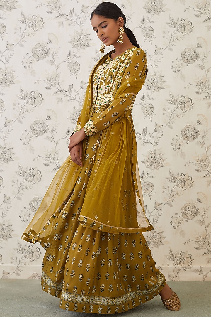 Olive Green Embroidered Party Wear Anarkali Set by Shyam Narayan Prasad at Pernia's Pop Up Shop