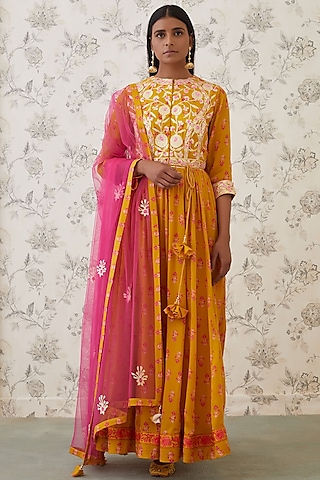 Mustard Yellow Embroidered Anarkali Set by Shyam Narayan Prasad