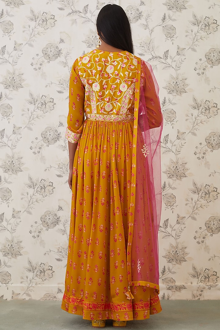 Mustard Yellow Embroidered Party Wear Anarkali Set by Shyam Narayan Prasad at Pernia's Pop Up Shop