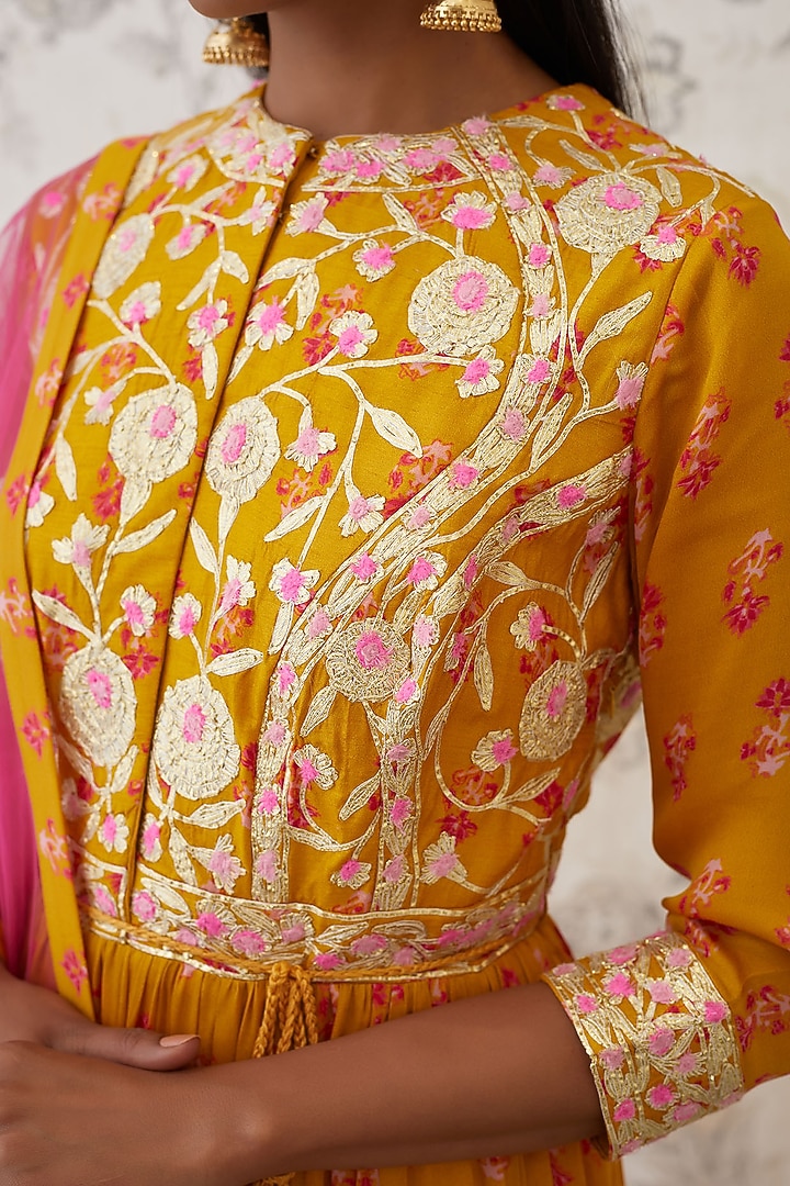 Mustard Yellow Embroidered Party Wear Anarkali Set by Shyam Narayan Prasad at Pernia's Pop Up Shop