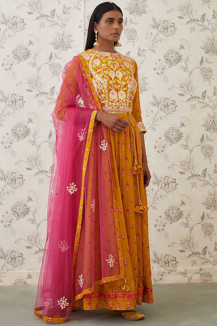 Mustard Yellow Embroidered Party Wear Anarkali Set by Shyam Narayan Prasad at Pernia's Pop Up Shop