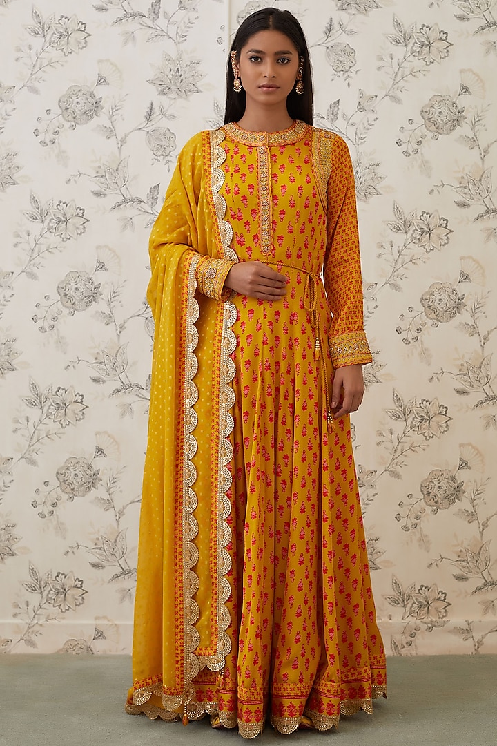 Mustard & Orange Embroidered Anarkali Set by Shyam Narayan Prasad