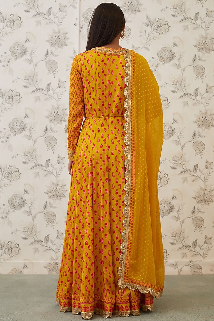 Mustard & Orange Embroidered Wedding Anarkali Set by Shyam Narayan Prasad at Pernia's Pop Up Shop