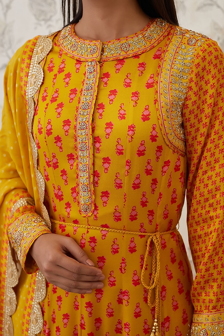 Mustard & Orange Embroidered Wedding Anarkali Set by Shyam Narayan Prasad at Pernia's Pop Up Shop