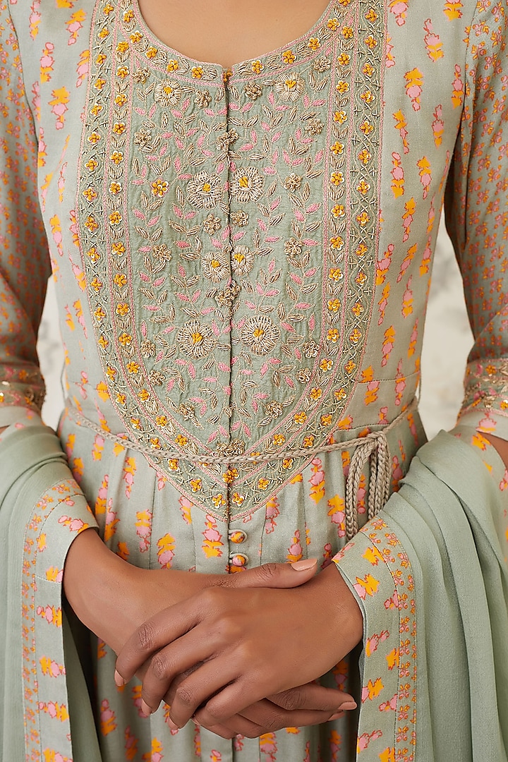 Light Olive Green Embroidered Wedding Anarkali Set by Shyam Narayan Prasad at Pernia's Pop Up Shop