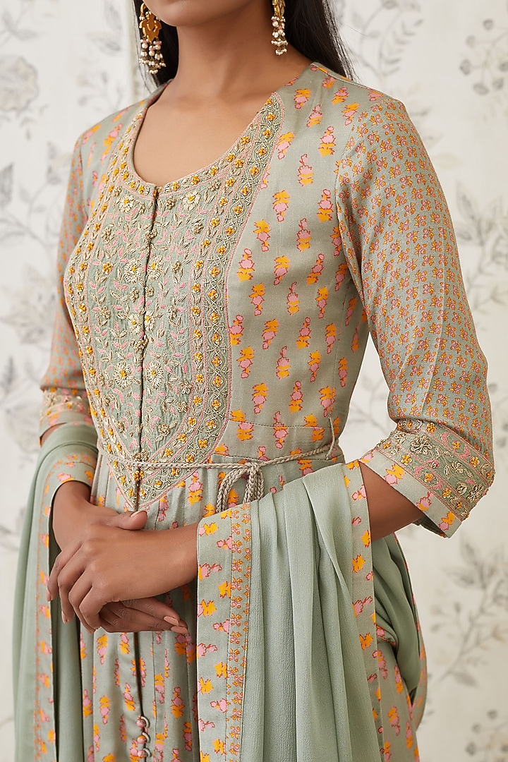 Light Olive Green Embroidered Wedding Anarkali Set by Shyam Narayan Prasad at Pernia's Pop Up Shop
