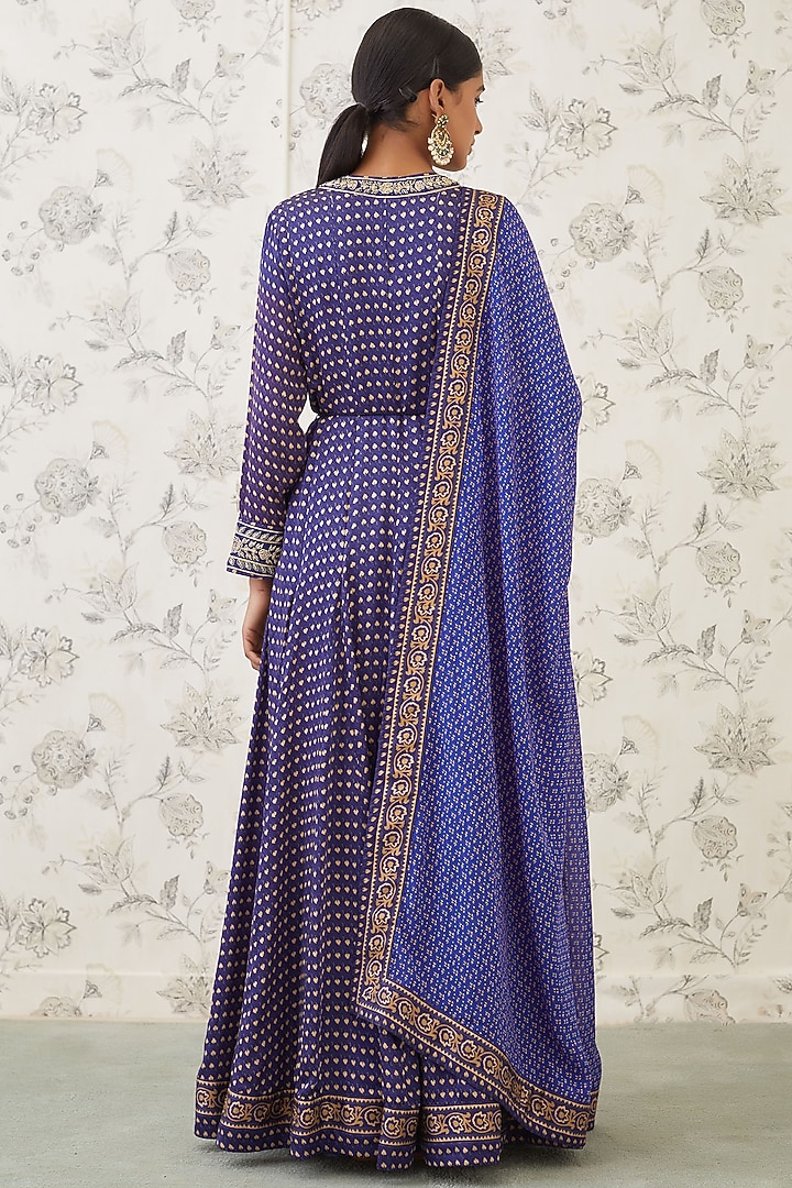 Blue Embroidered & Printed Party Wear Anarkali Set by Shyam Narayan Prasad at Pernia's Pop Up Shop