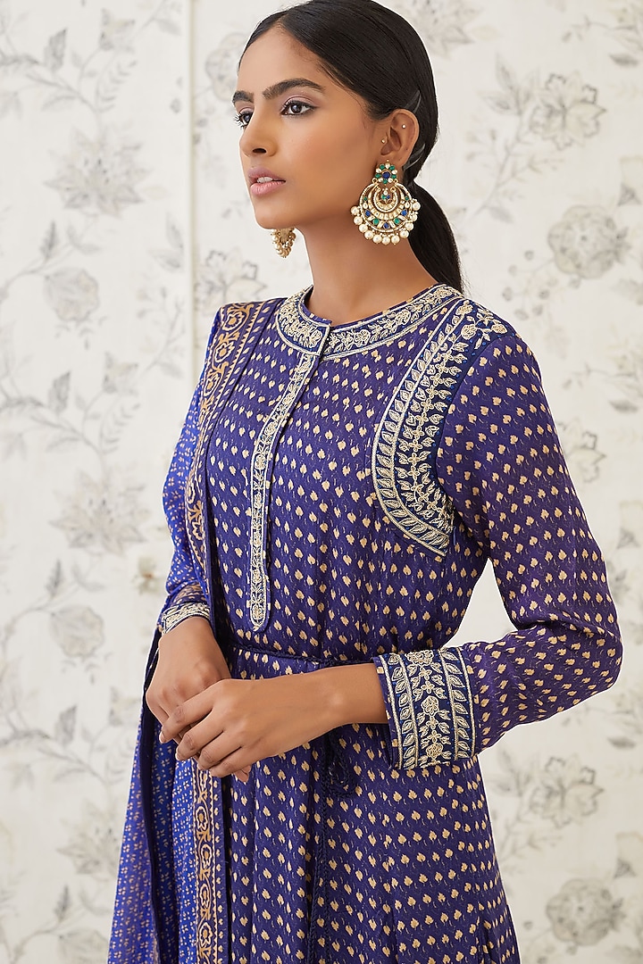 Blue Embroidered & Printed Party Wear Anarkali Set by Shyam Narayan Prasad at Pernia's Pop Up Shop