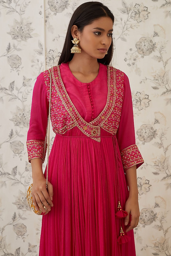 Hot Pink Embroidered Angrakha Kurta Set by Shyam Narayan Prasad at Pernia's Pop Up Shop