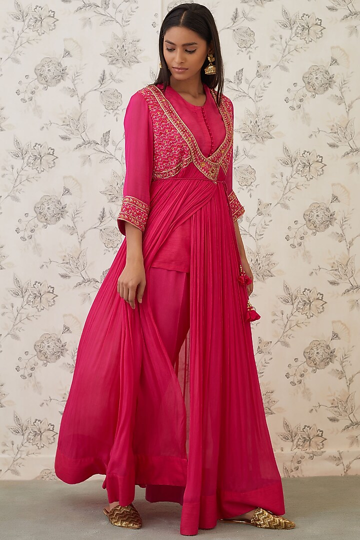 Hot Pink Embroidered Angrakha Kurta Set by Shyam Narayan Prasad at Pernia's Pop Up Shop