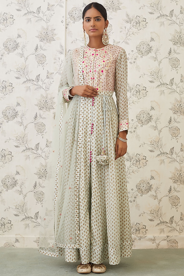 Sea Green Embroidered & Printed Anarkali Set by Shyam Narayan Prasad