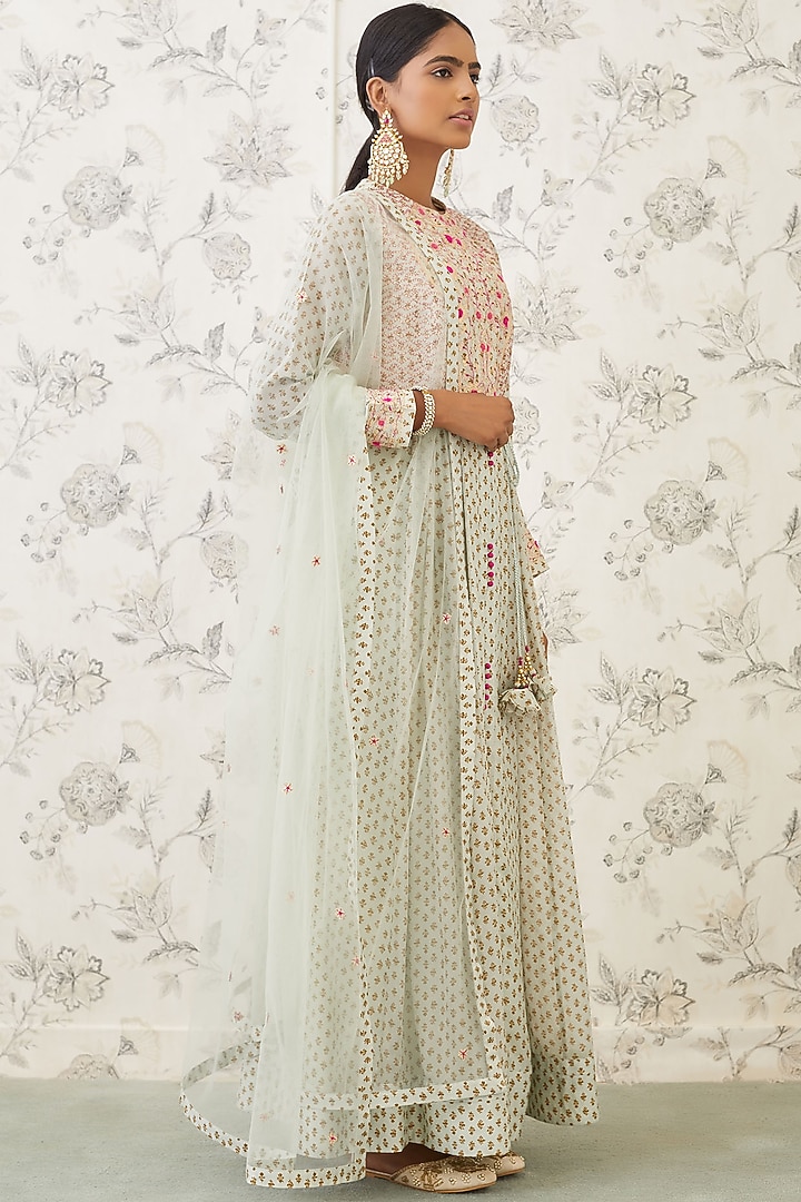 Sea Green Embroidered & Printed Wedding Anarkali Set by Shyam Narayan Prasad at Pernia's Pop Up Shop