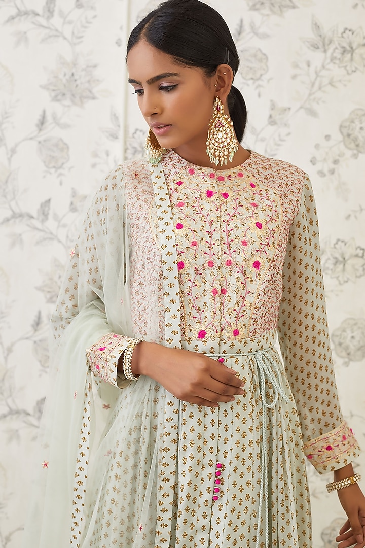 Sea Green Embroidered & Printed Wedding Anarkali Set by Shyam Narayan Prasad at Pernia's Pop Up Shop