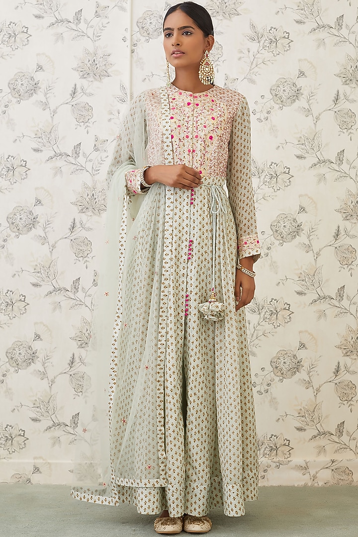 Sea Green Embroidered & Printed Wedding Anarkali Set by Shyam Narayan Prasad at Pernia's Pop Up Shop