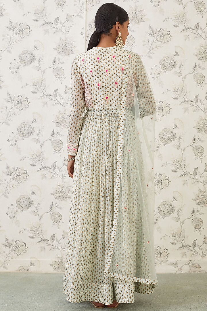 Sea Green Embroidered Striped Wedding Anarkali Set by Shyam Narayan Prasad at Pernia's Pop Up Shop
