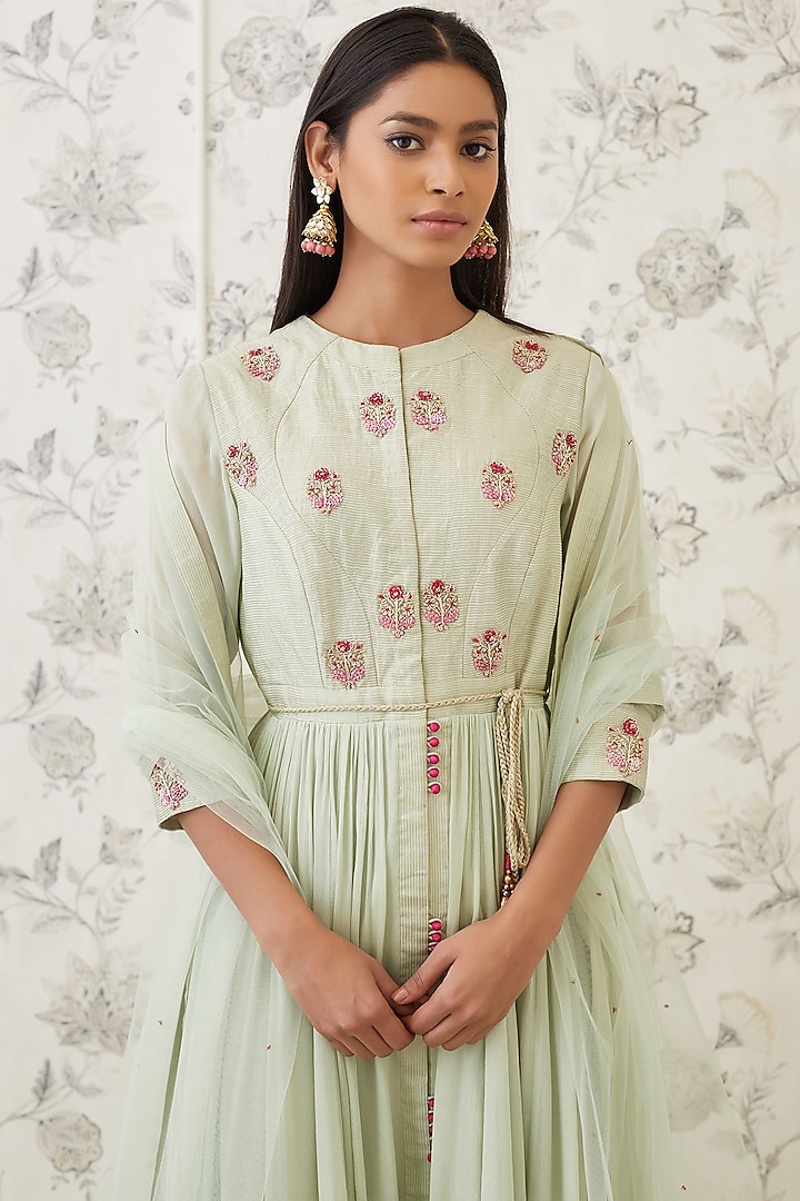 Sea Green Embroidered Striped Wedding Anarkali Set by Shyam Narayan Prasad at Pernia's Pop Up Shop