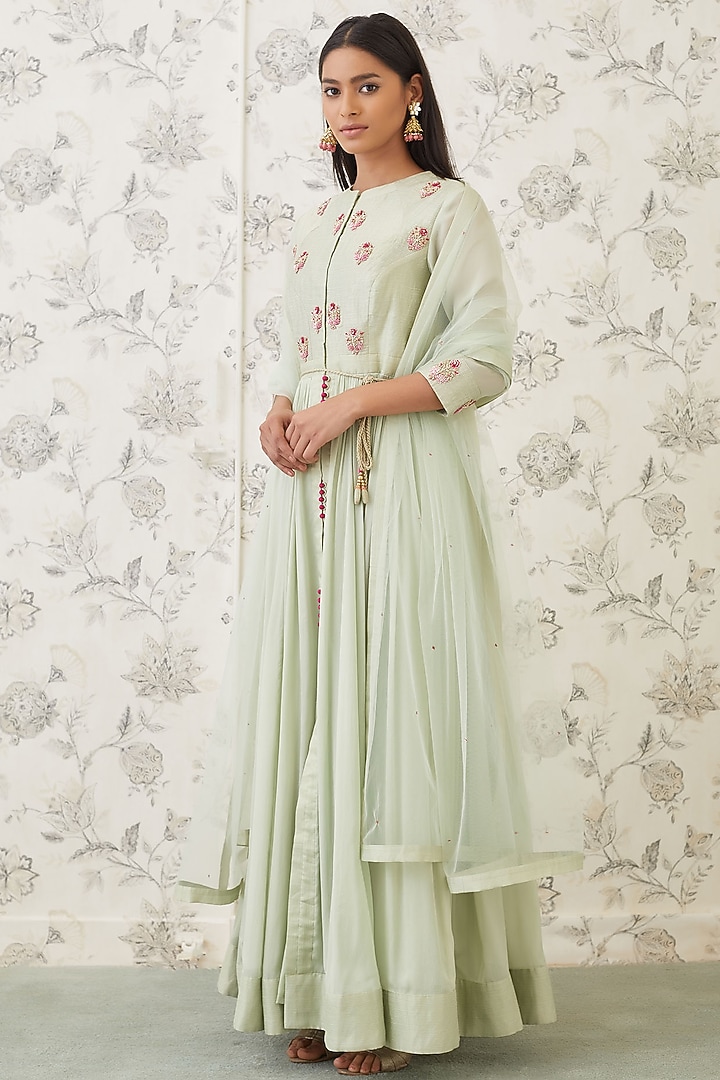 Sea Green Embroidered Striped Wedding Anarkali Set by Shyam Narayan Prasad at Pernia's Pop Up Shop
