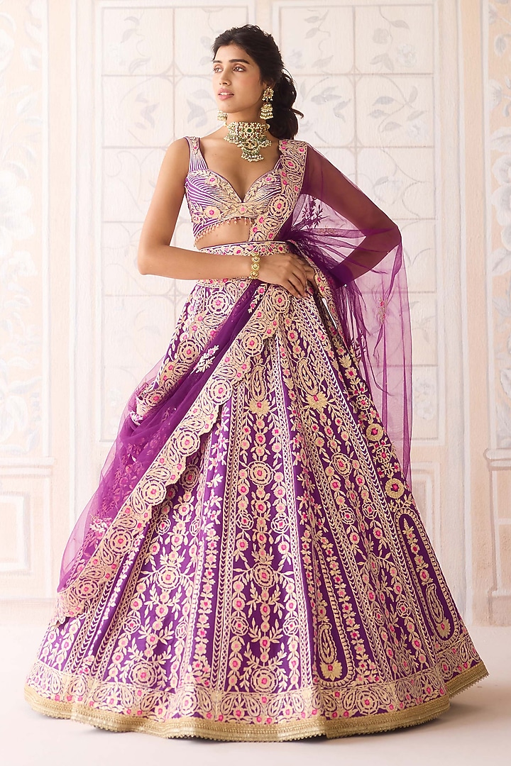 Royal Purple Raw Silk Gota & Thread Embroidered Wedding Lehenga Set by Shyam Narayan Prasad at Pernia's Pop Up Shop
