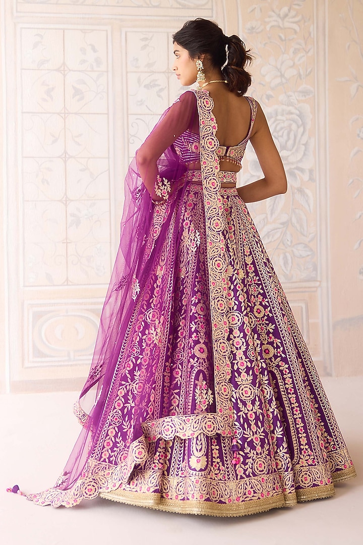 Royal Purple Raw Silk Gota & Thread Embroidered Wedding Lehenga Set by Shyam Narayan Prasad at Pernia's Pop Up Shop