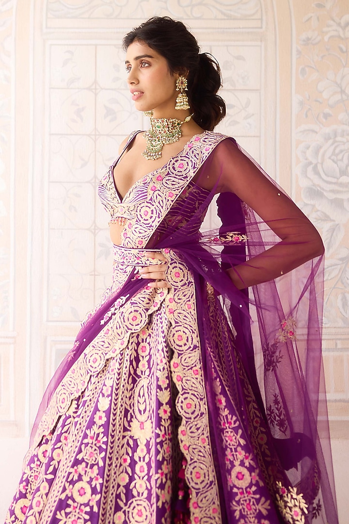 Royal Purple Raw Silk Gota & Thread Embroidered Wedding Lehenga Set by Shyam Narayan Prasad at Pernia's Pop Up Shop