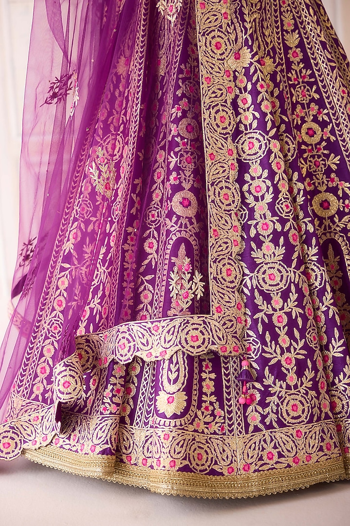 Royal Purple Raw Silk Gota & Thread Embroidered Wedding Lehenga Set by Shyam Narayan Prasad at Pernia's Pop Up Shop
