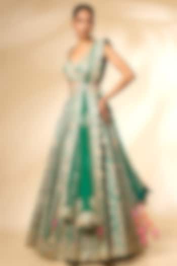 Teal Green Raw Silk Gota & Thread Embroidered Wedding Lehenga Set by Shyam Narayan Prasad at Pernia's Pop Up Shop