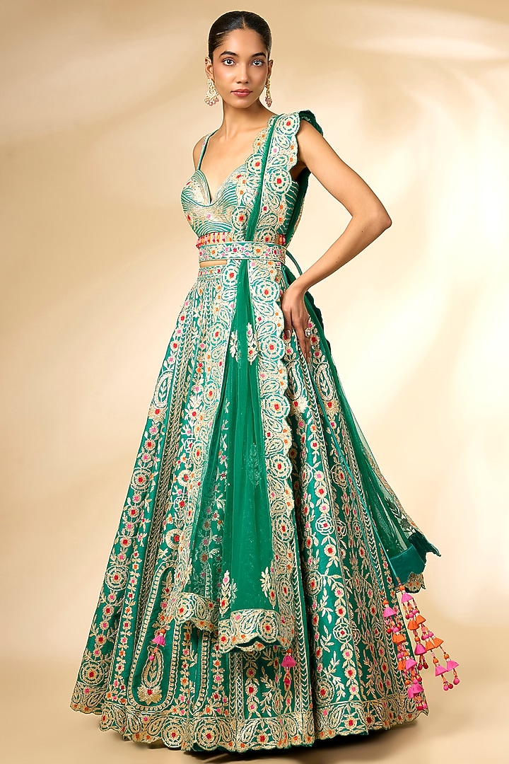 Teal Green Raw Silk Gota & Thread Embroidered Wedding Lehenga Set by Shyam Narayan Prasad at Pernia's Pop Up Shop