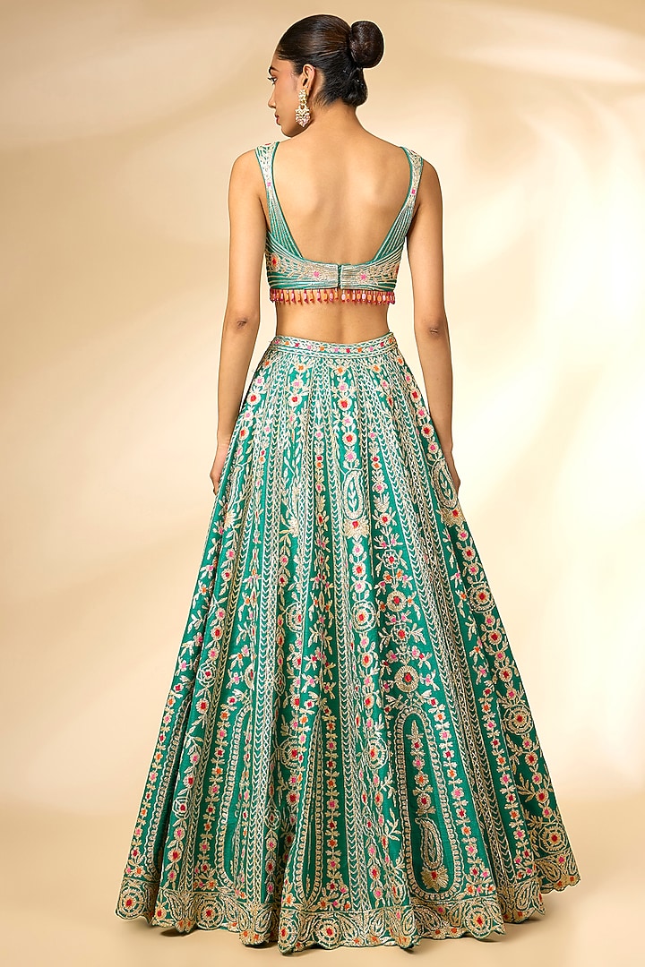 Teal Green Raw Silk Gota & Thread Embroidered Wedding Lehenga Set by Shyam Narayan Prasad at Pernia's Pop Up Shop