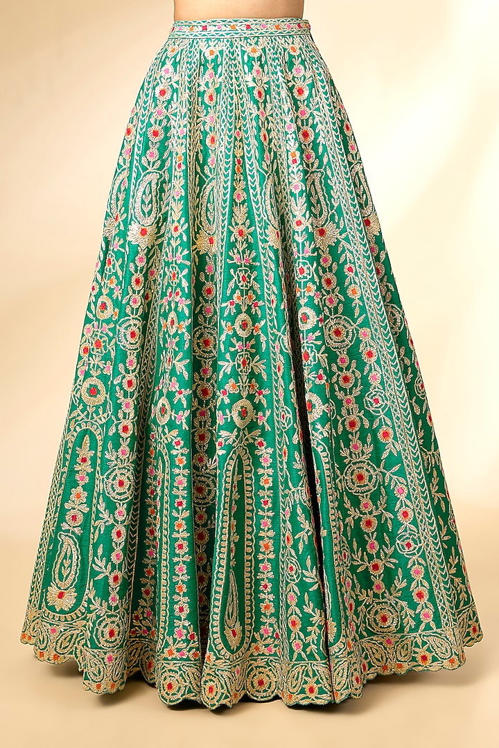 Teal Green Raw Silk Gota & Thread Embroidered Wedding Lehenga Set by Shyam Narayan Prasad at Pernia's Pop Up Shop