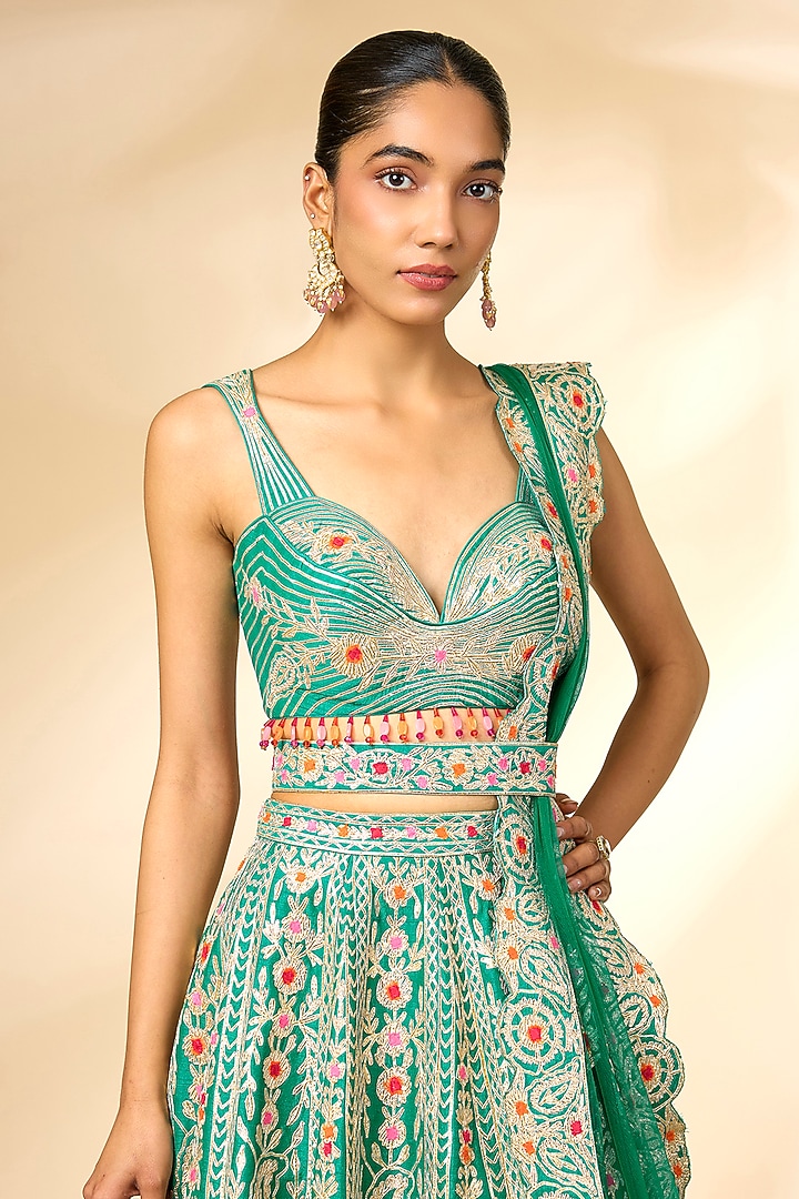 Teal Green Raw Silk Gota & Thread Embroidered Wedding Lehenga Set by Shyam Narayan Prasad at Pernia's Pop Up Shop