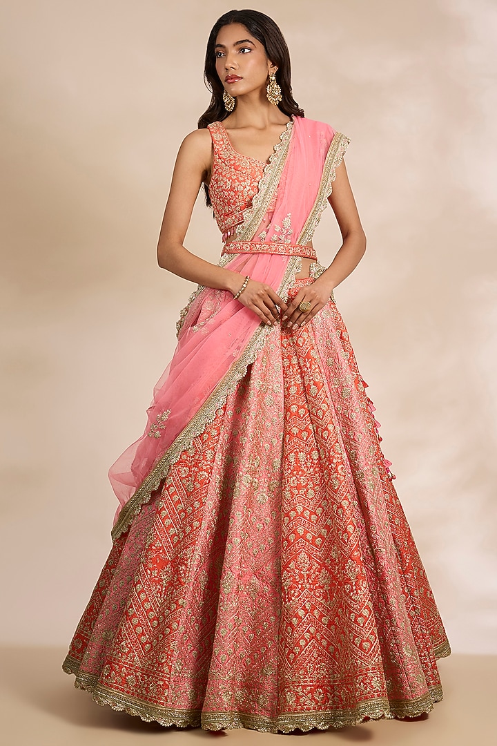 Peach Pink Raw Silk & Organza Wedding Lehenga Set by Shyam Narayan Prasad at Pernia's Pop Up Shop