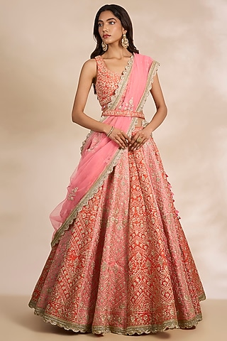 Peach Pink Raw Silk & Organza Lehenga Set by Shyam Narayan Prasad