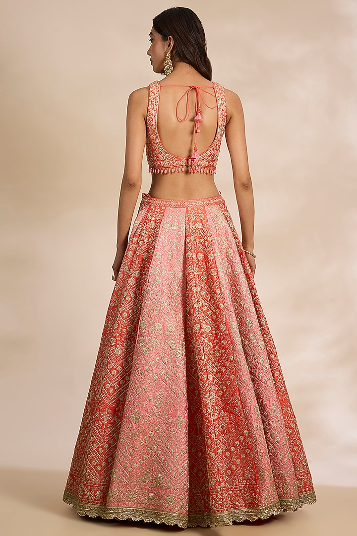 Peach Pink Raw Silk & Organza Wedding Lehenga Set by Shyam Narayan Prasad at Pernia's Pop Up Shop