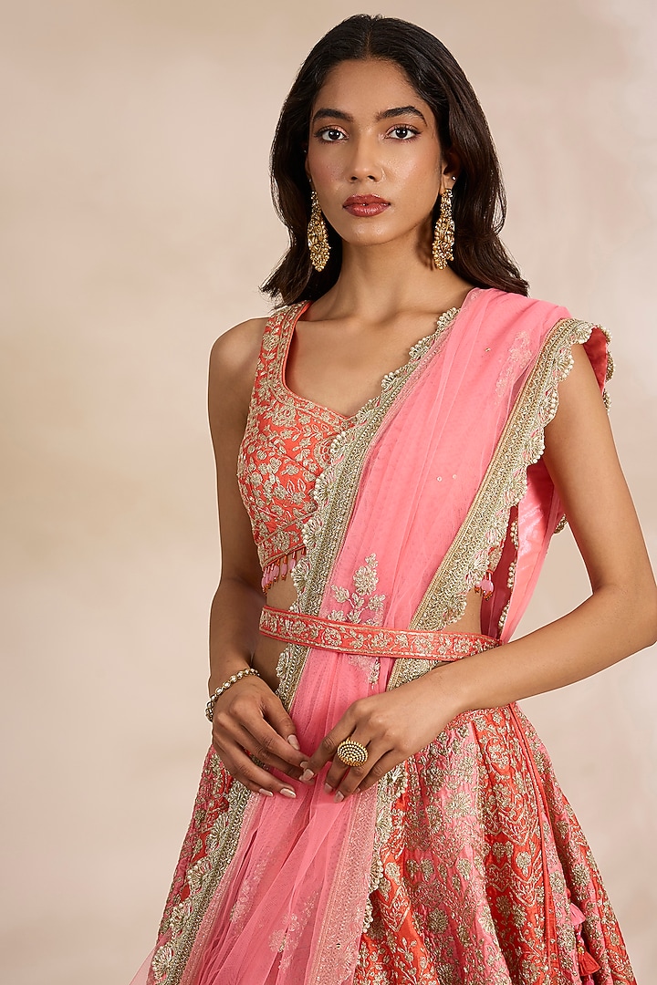 Peach Pink Raw Silk & Organza Wedding Lehenga Set by Shyam Narayan Prasad at Pernia's Pop Up Shop
