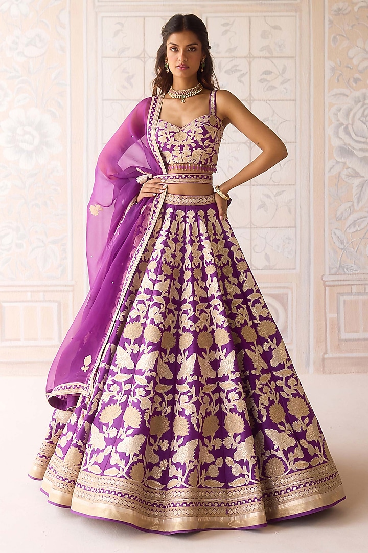 Phlox Purple Raw Silk Applique Embroidered Wedding Lehenga Set by Shyam Narayan Prasad at Pernia's Pop Up Shop