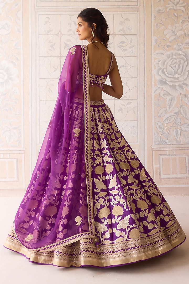 Phlox Purple Raw Silk Applique Embroidered Wedding Lehenga Set by Shyam Narayan Prasad at Pernia's Pop Up Shop