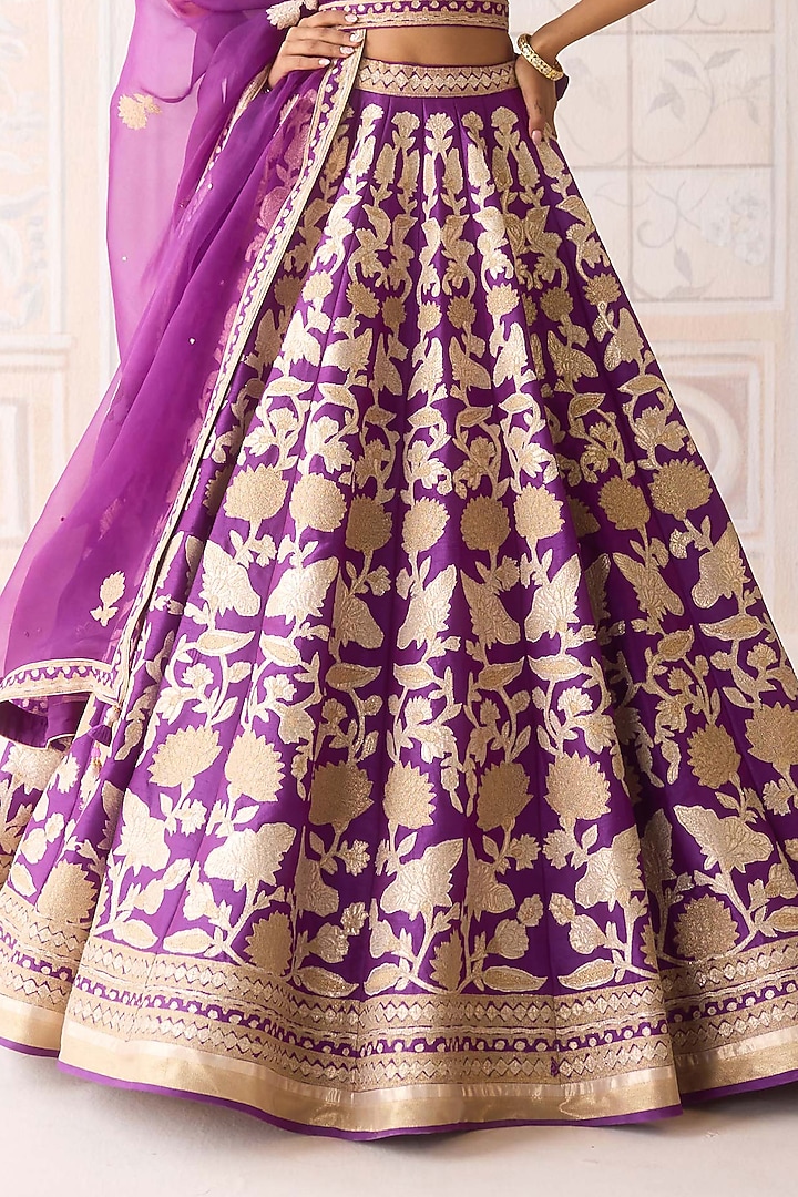 Phlox Purple Raw Silk Applique Embroidered Wedding Lehenga Set by Shyam Narayan Prasad at Pernia's Pop Up Shop