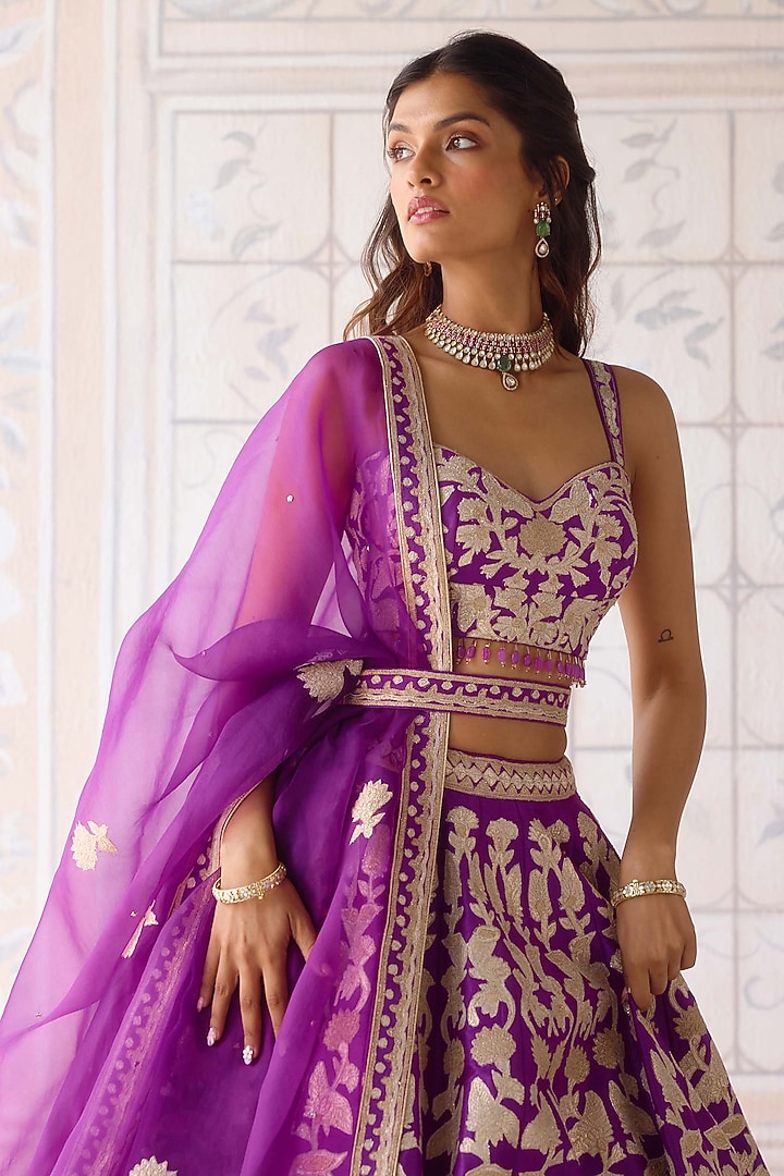 Phlox Purple Raw Silk Applique Embroidered Wedding Lehenga Set by Shyam Narayan Prasad at Pernia's Pop Up Shop