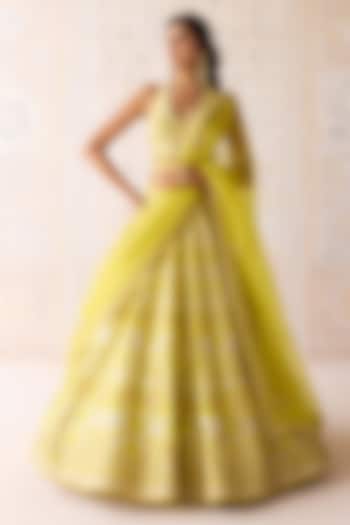 Spring Green Raw Silk Applique & Thread Embroidered Wedding Lehenga Set by Shyam Narayan Prasad at Pernia's Pop Up Shop