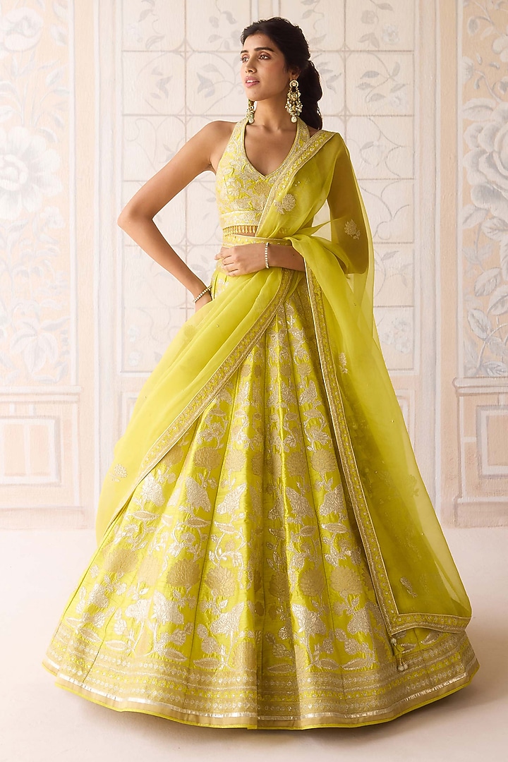 Spring Green Raw Silk Applique & Thread Embroidered Wedding Lehenga Set by Shyam Narayan Prasad at Pernia's Pop Up Shop