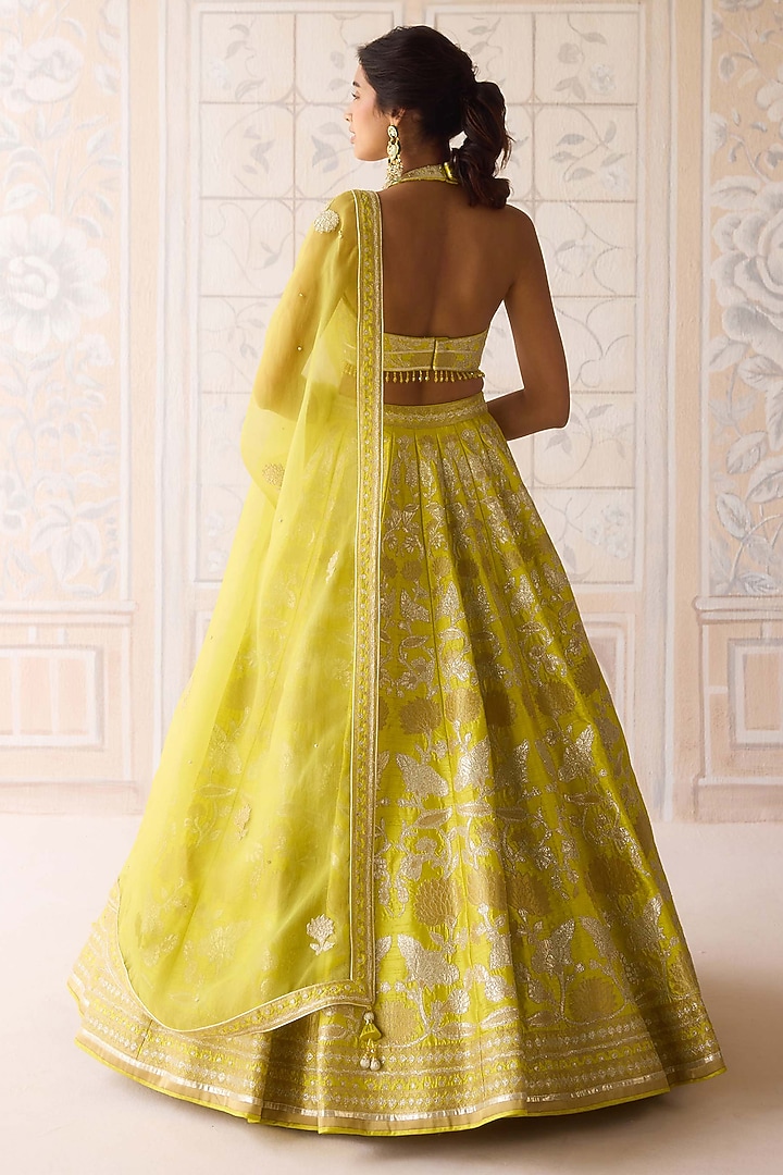 Spring Green Raw Silk Applique & Thread Embroidered Wedding Lehenga Set by Shyam Narayan Prasad at Pernia's Pop Up Shop