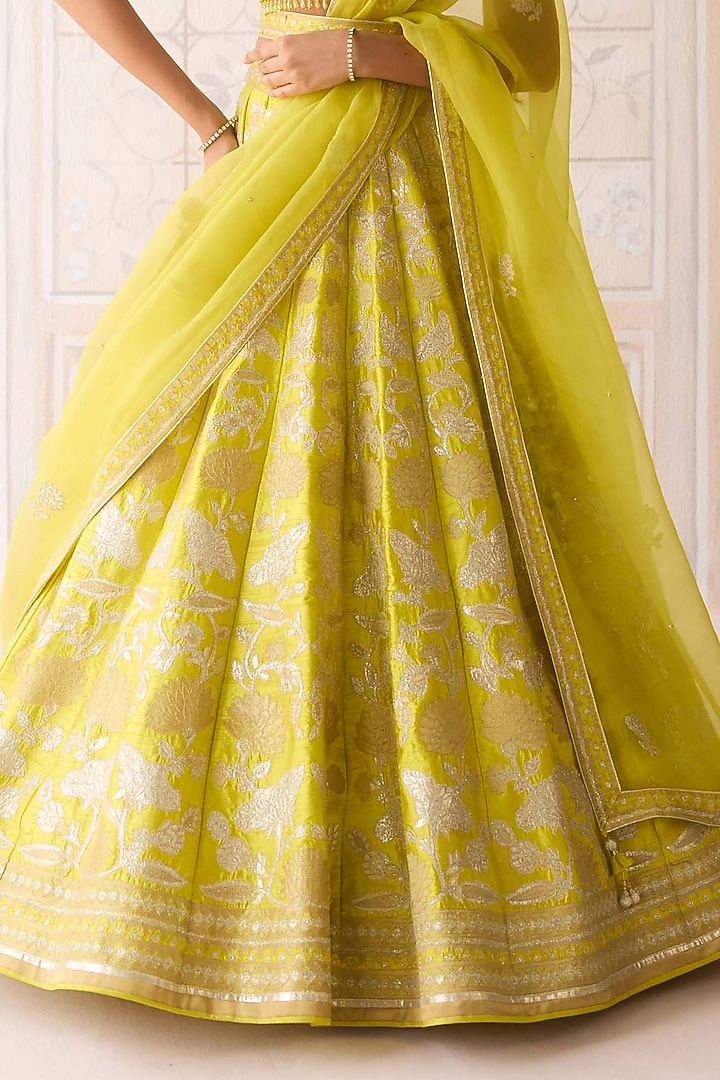 Spring Green Raw Silk Applique & Thread Embroidered Wedding Lehenga Set by Shyam Narayan Prasad at Pernia's Pop Up Shop