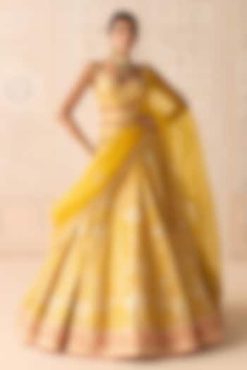 Dandelion Yellow Raw Silk Applique & Thread Embroidered Wedding Lehenga Set by Shyam Narayan Prasad at Pernia's Pop Up Shop